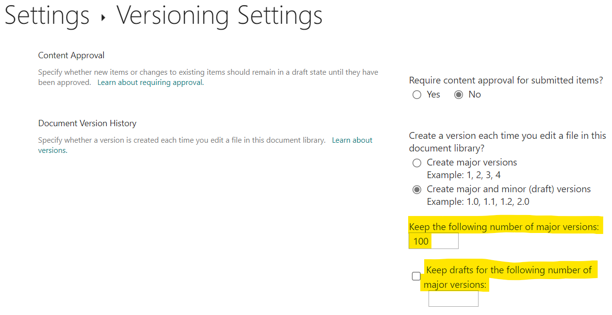 Advanced versioning settings