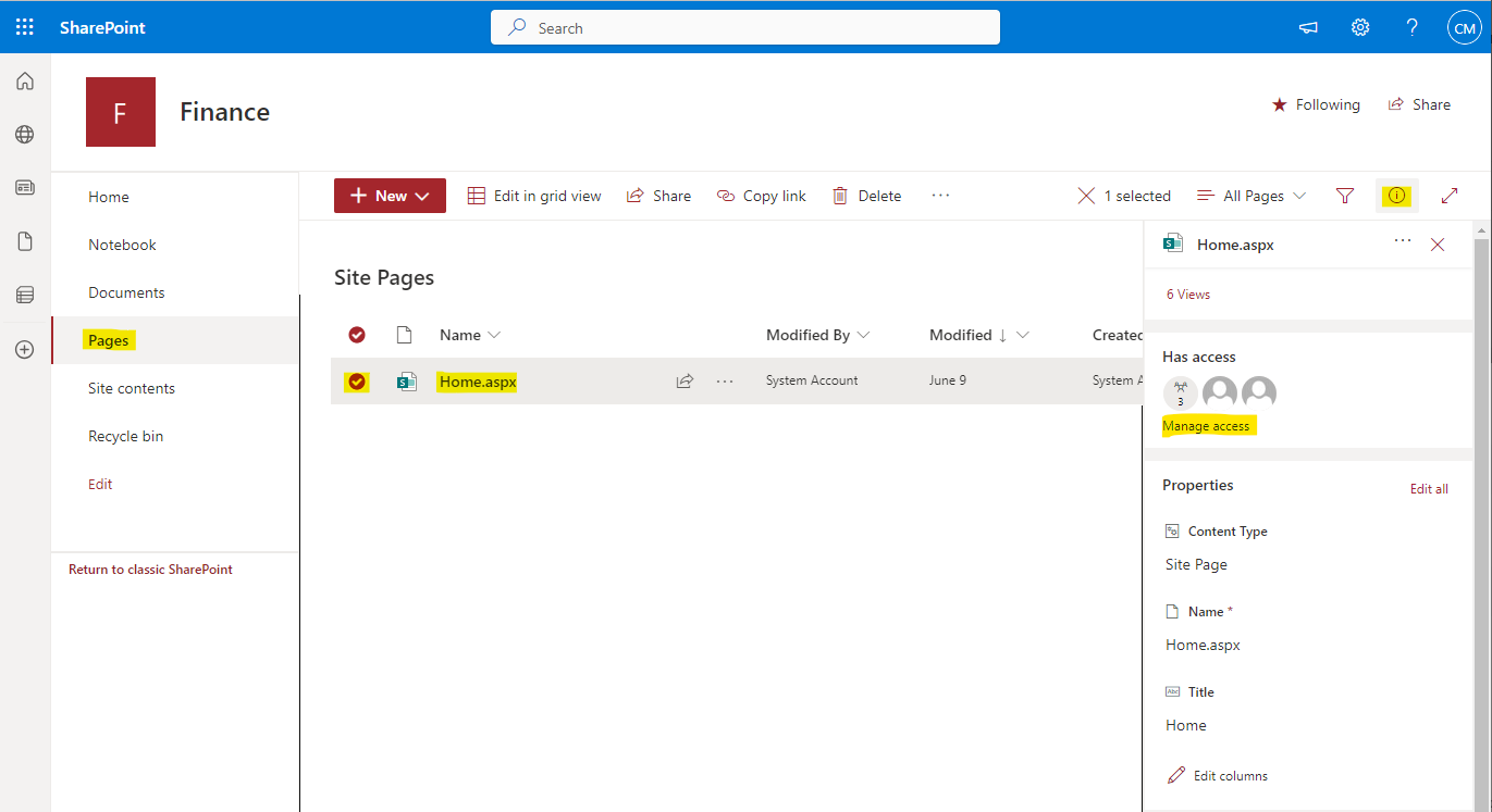 Home page's properties