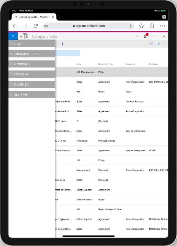 MetaShare on an iPad Pro 11, showing hamburger menu