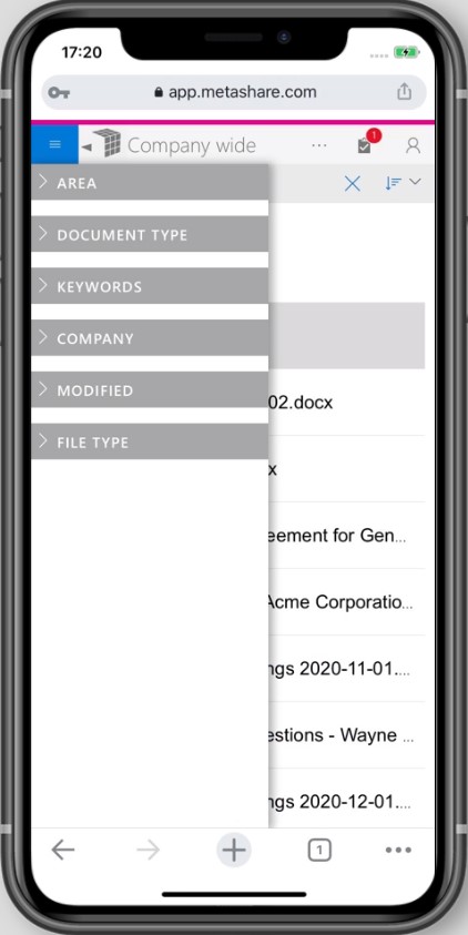 MetaShare on an iPhone 11, showing hamburger menu