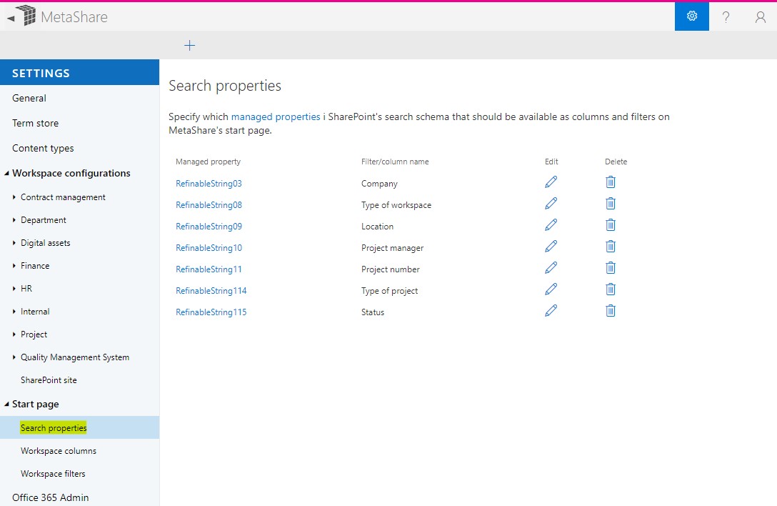 MetaShare setting's search properties