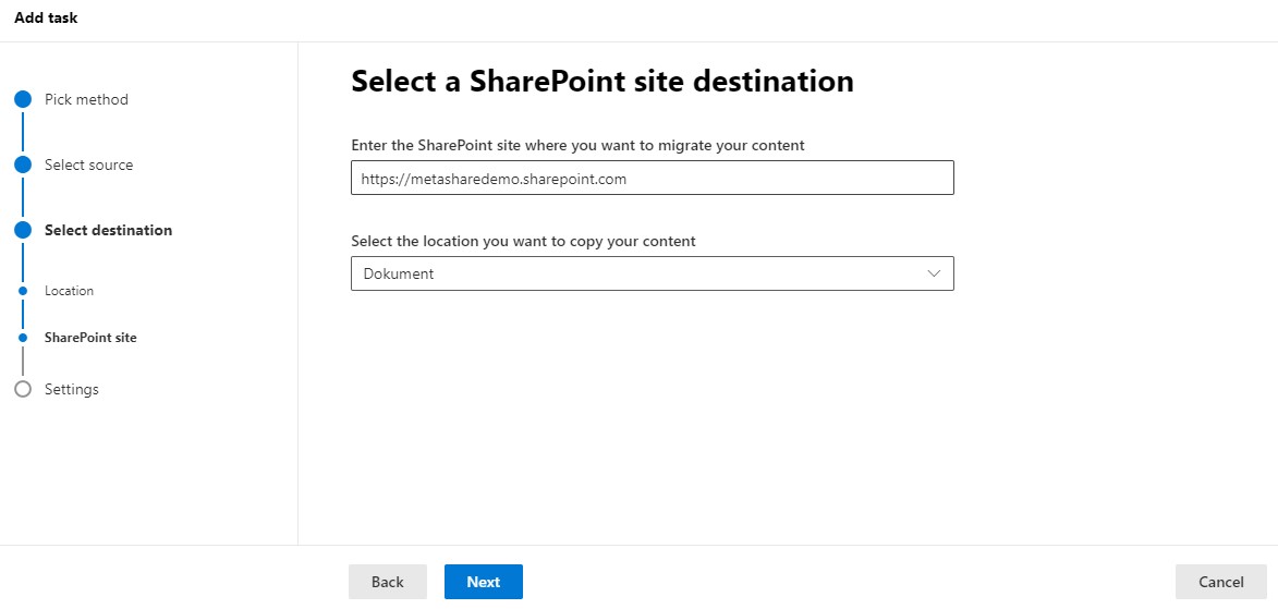 Migration - select a SharePoint site destination
