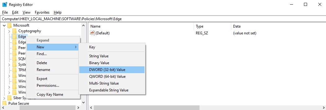 Right-click the “Edge” key and select “New”, and then “DWORD (32-bit)