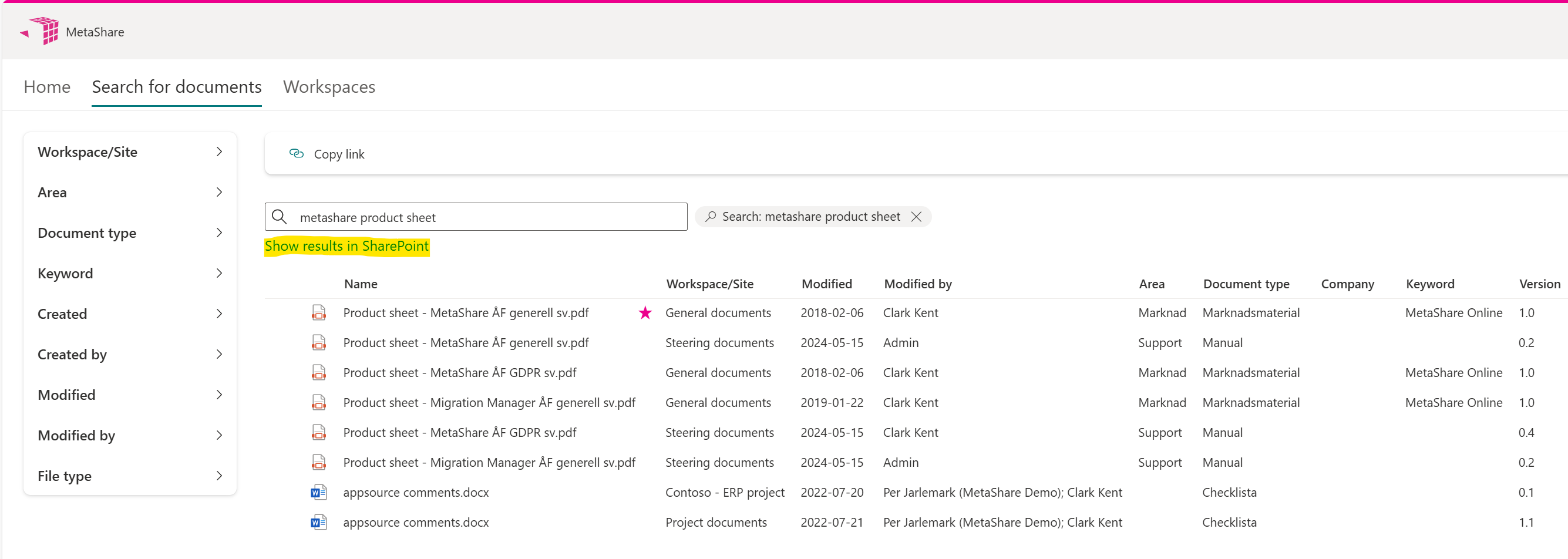 Search for some documents in MetaShare