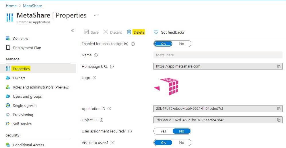 Select MetaShare's properties