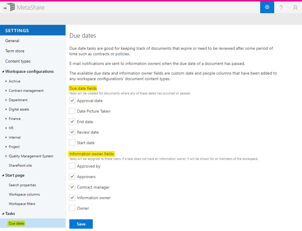 Settings page for due dates