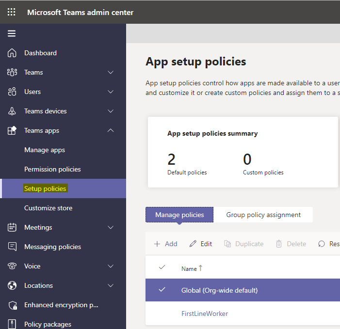 Setup policies