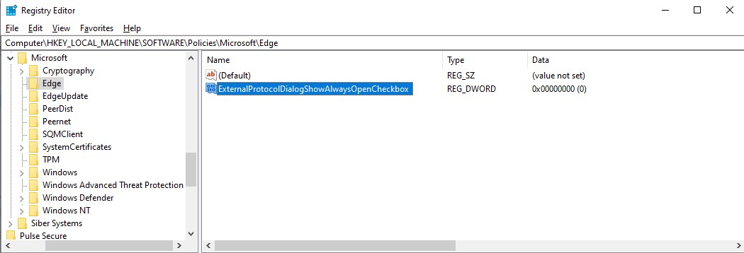 Type “ExternalProtocolDialogShowAlwaysOpenCheckbox”, and press the “Enter” key on your keyboard