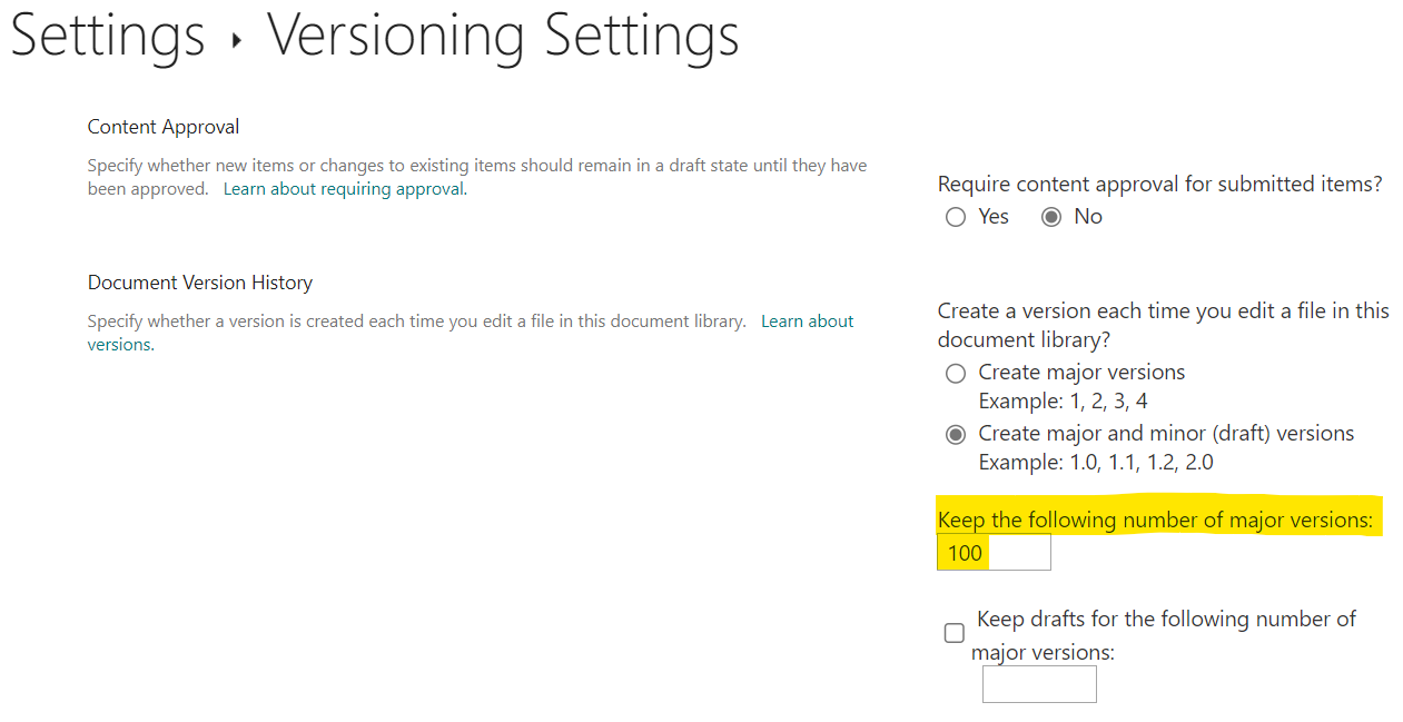 Versioning settings