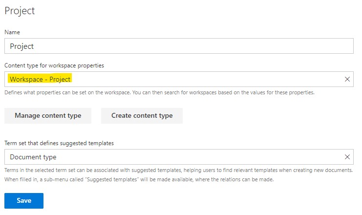 Workspace configuration with an assigned workspace content type