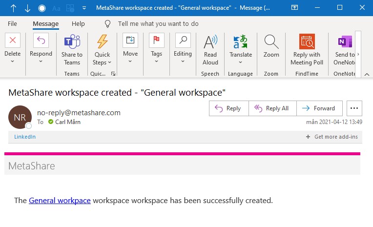 Workspace creation confirmation