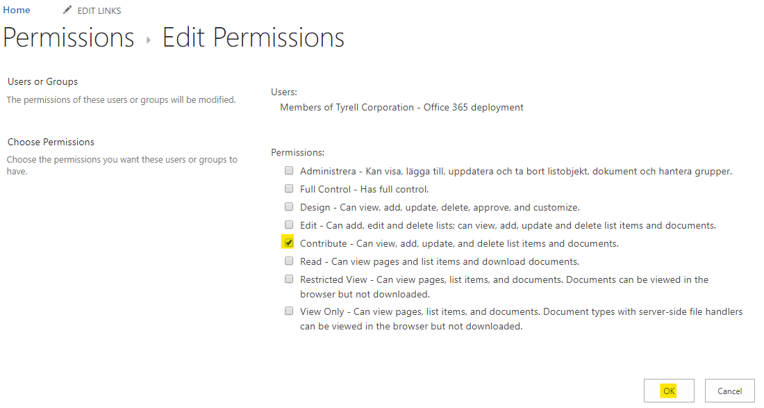 Change the permissions for the selected users/groups and the click on the "OK" button