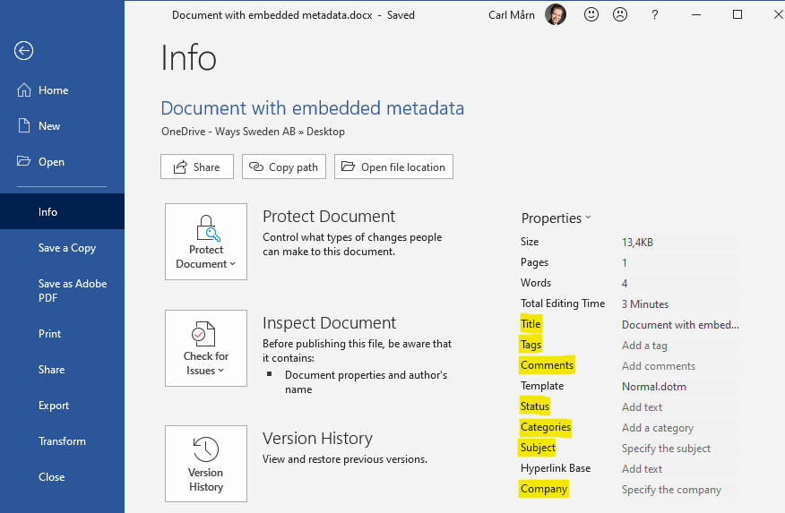 Other file properties that can be added as Quick Parts