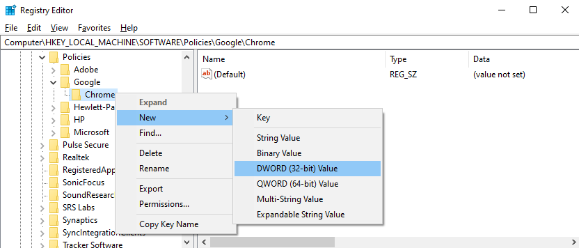 Right-click the “Chrome” key and select “New”, and then “DWORD (32-bit)