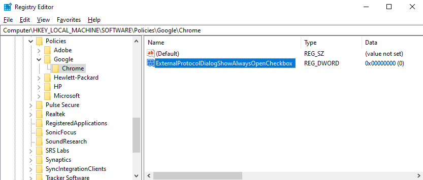 Type “ExternalProtocolDialogShowAlwaysOpenCheckbox”, and press the “Enter” key on your keyboard