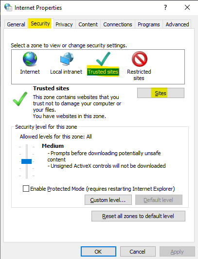Internet Properties' Security tab