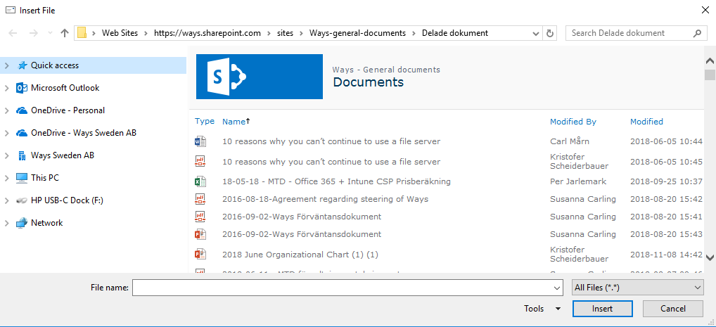 The site's documents are shown in a SharePoint view