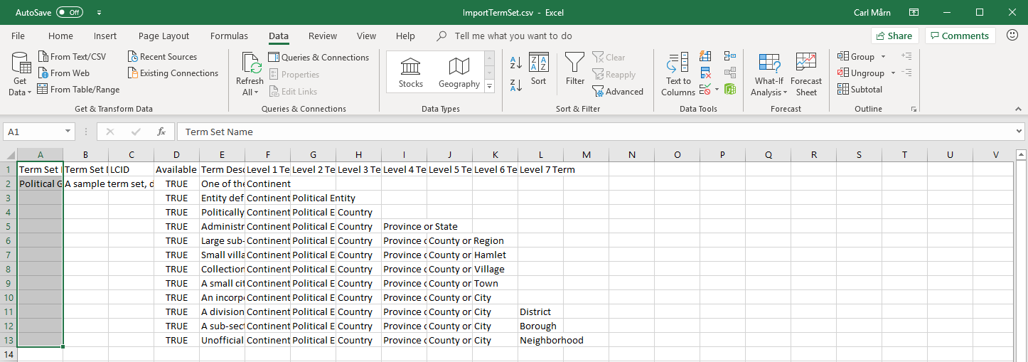 The sample import file, in column format