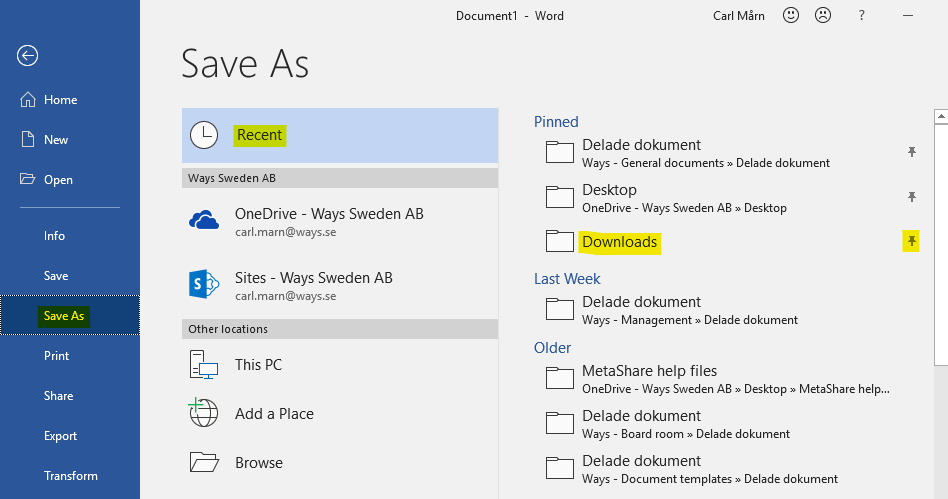 Save a document to the "Downloads" folder