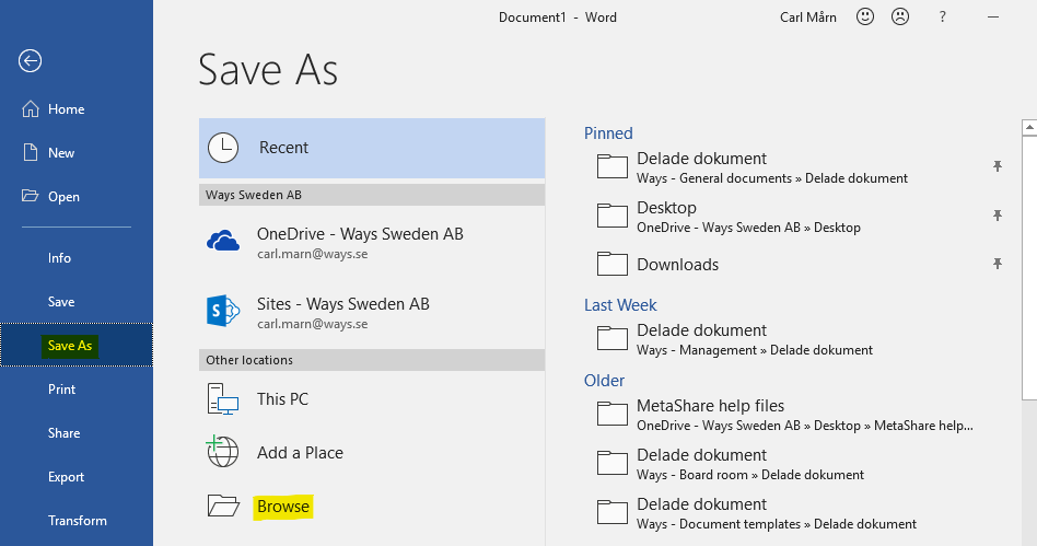 Save a document by browsing for a folder