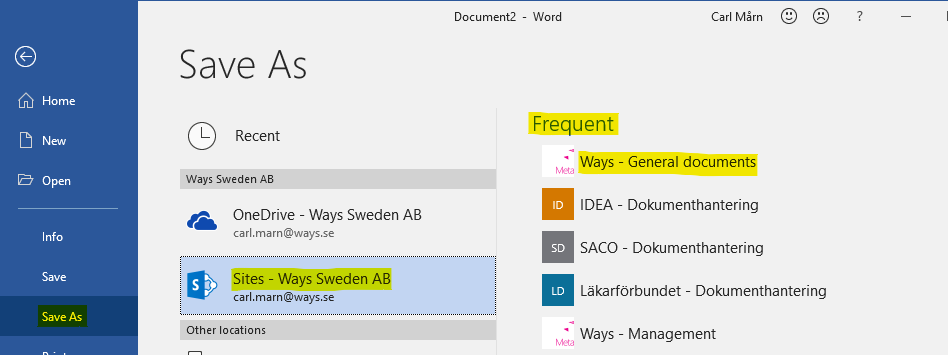 Save a document to a frequently used MetaShare&nbsp;workspace