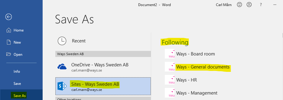 Save a document to a followed MetaShare&nbsp;workspace
