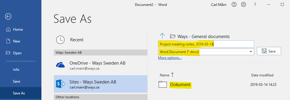 Define a document name, select the document format and click on the Document folder