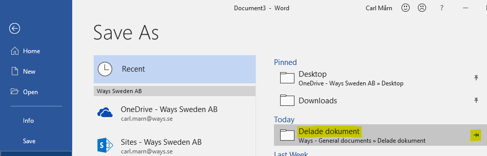 The location of the&nbsp;workspace&nbsp;is saved as one of your&nbsp;Recent locations