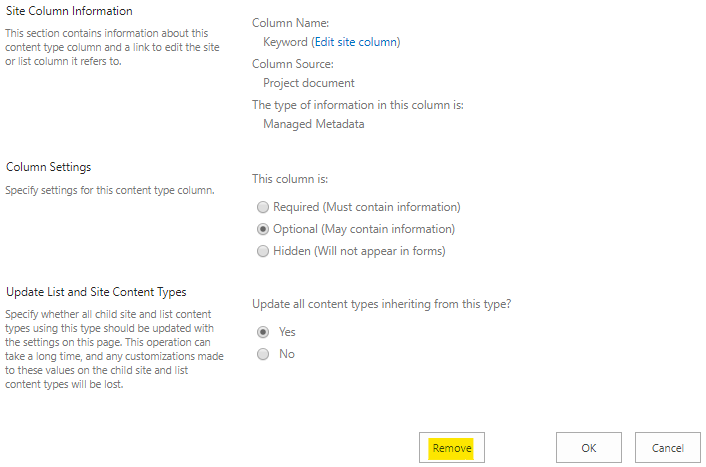 Remove a column from a content type
