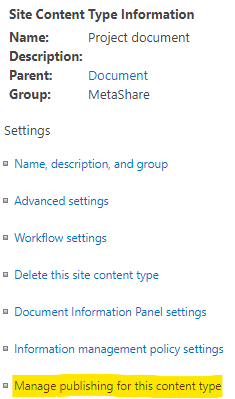 The link to publish a content type