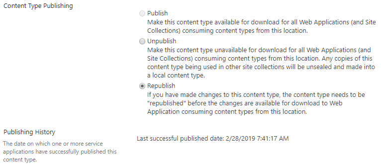 Different options when publishing a content type