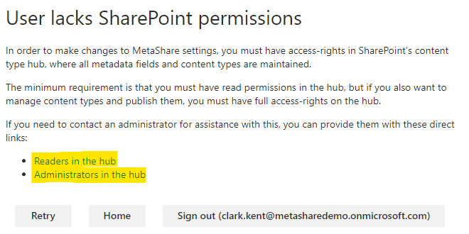 Message indicating that you do not have permissions to the content type hub