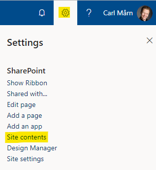 Link to SharePoint's "Site contents"