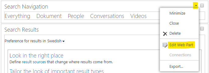 Edit the "Search Navigation" web part
