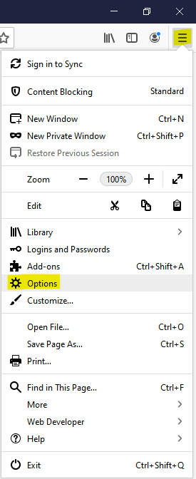 Link to Options, in Firefox