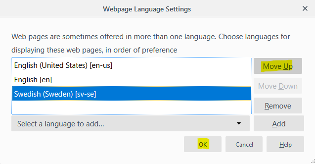 Change language preference, Firefox
