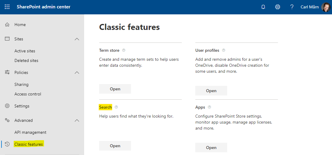 The link to search settings in SharePoint's modern admin center