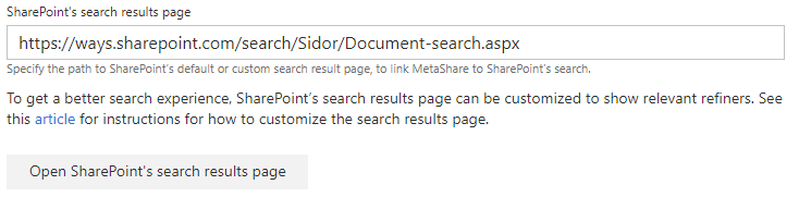 "SharePoint’s search result page" field in MetaShare’s general settings