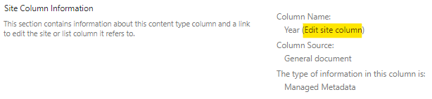 Click on the "Edit site column" link