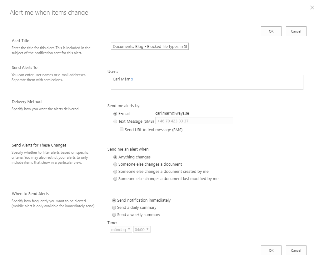 A document's alert me page