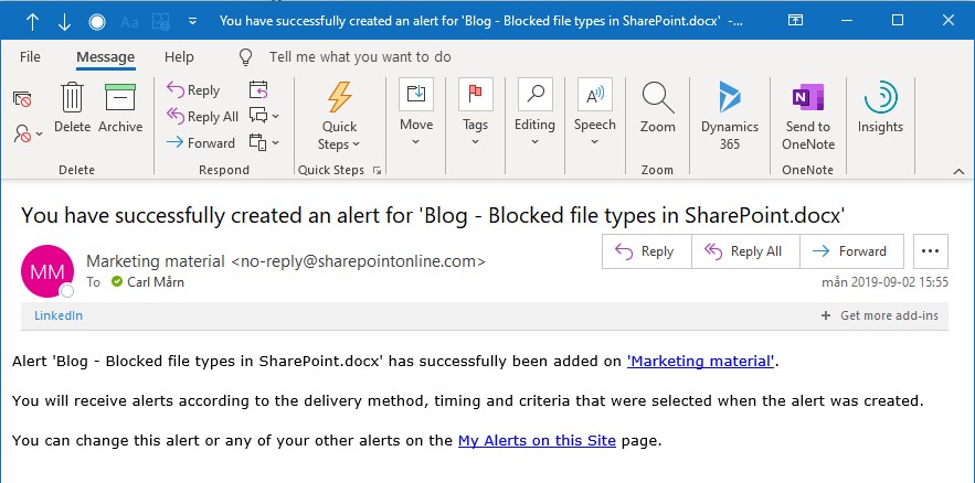 An e-mail confirmation of a created alert