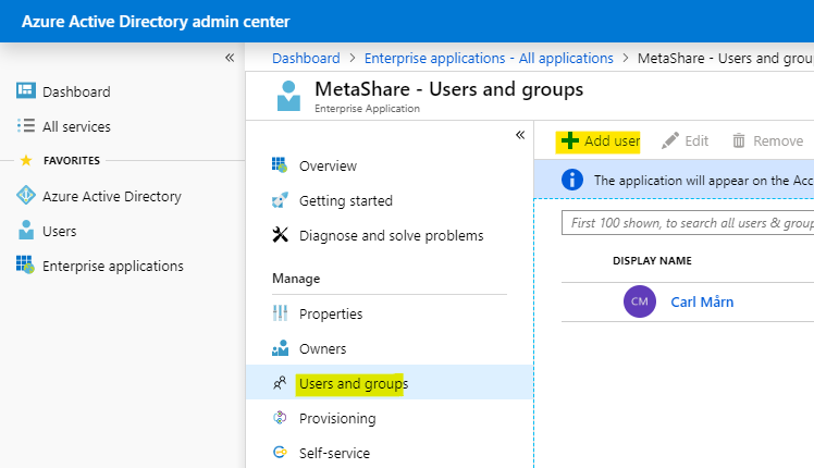Click on "Users and groups" and then "Add"