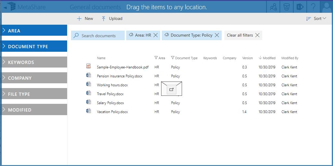 Drag and drop e-mails and attachments Outlook to MetaShare