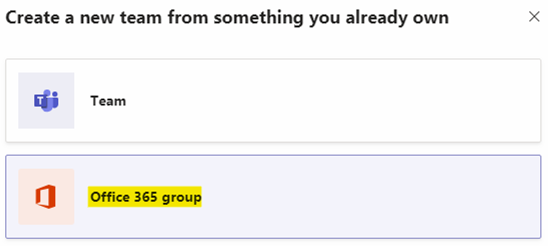 Select the option “Office 365 group”