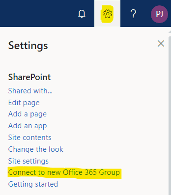 Connect a site to a new Office 365 Group