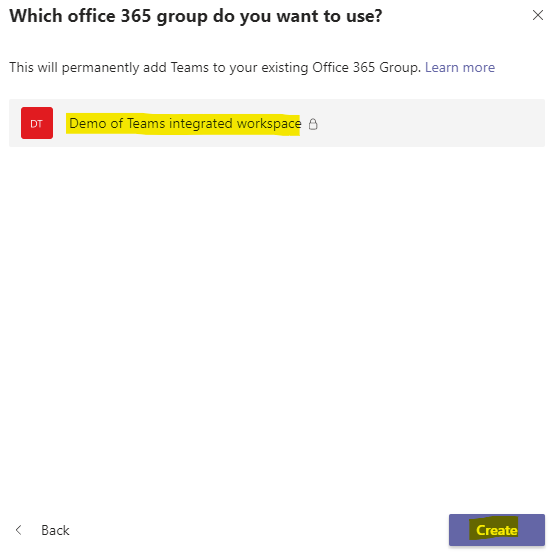 Select the group and click on the “Create” button
