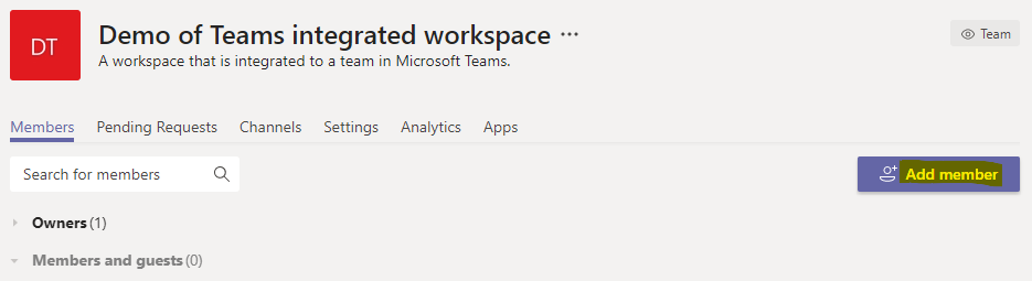 You can add members to the team by clicking in the “Add members” button