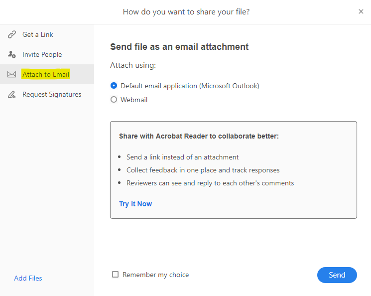 Select the "Attach to Email" option