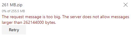 Error message in MetaShare when a file upload exceeds the limit of 250 MB
