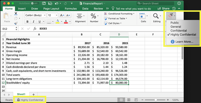 Sensitivity label on Excel ribbon and status bar